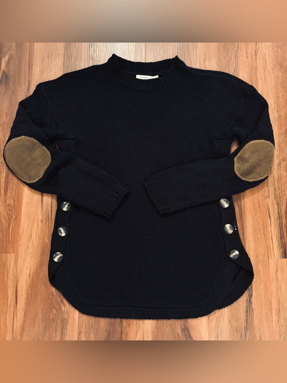 Harper Heritage Black Crewneck Sweater with Tan Elbow Patches & Side Buttons